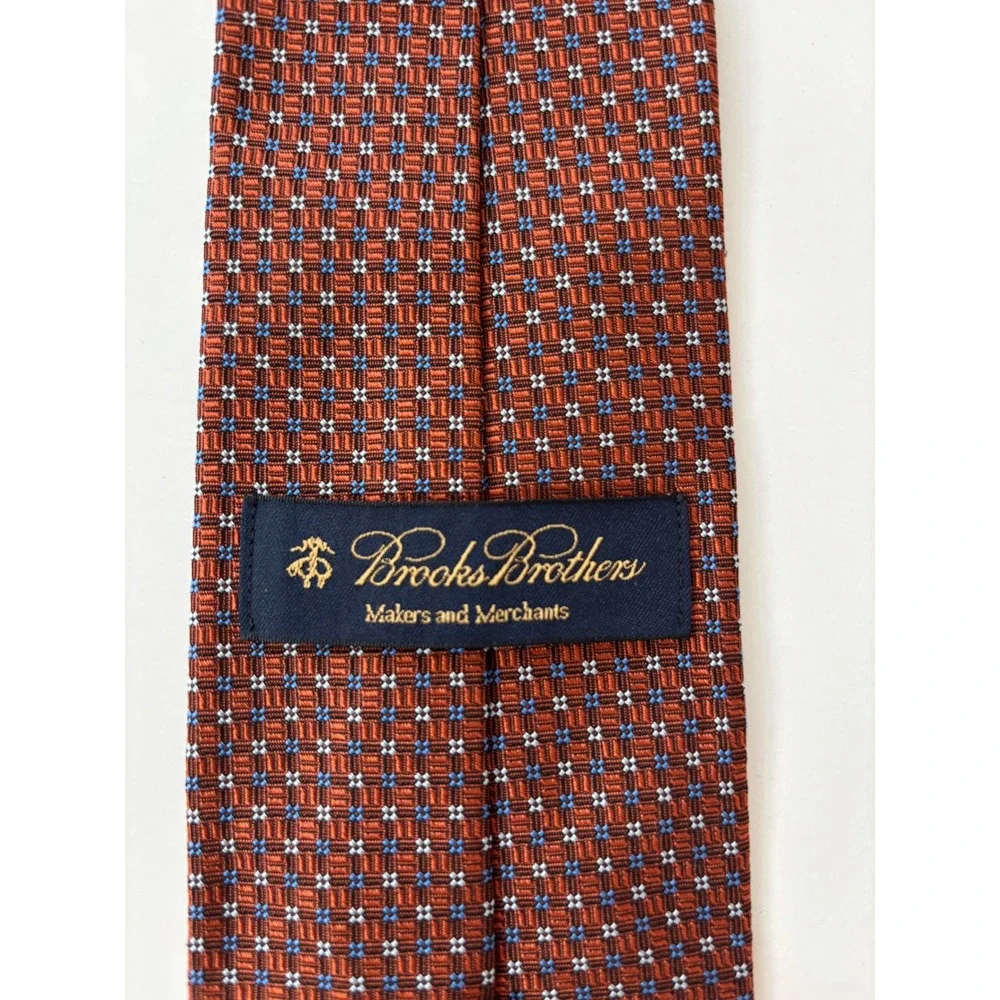 Brooks Brothers Makers Silk Tie Burnt Orange Blue Geometric Micro Pattern Mens